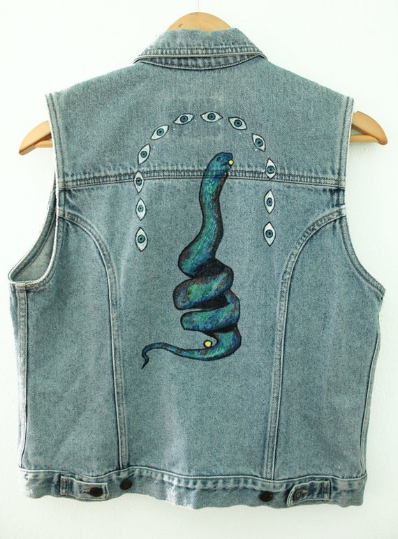 Hand-Painted Holy Mountain Snake Eyeball Denim Jacket Vest by Las Cruxes
