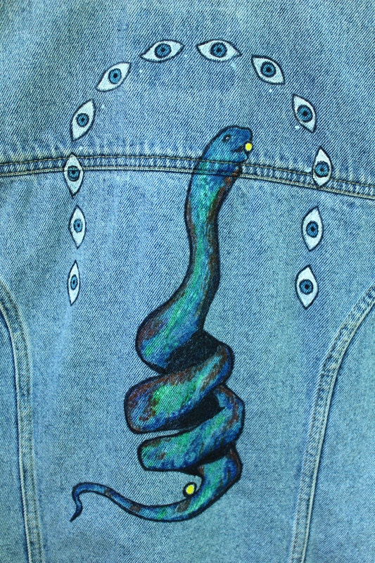 Hand-Painted Holy Mountain Snake Eyeball Denim Jacket Vest by Las Cruxes