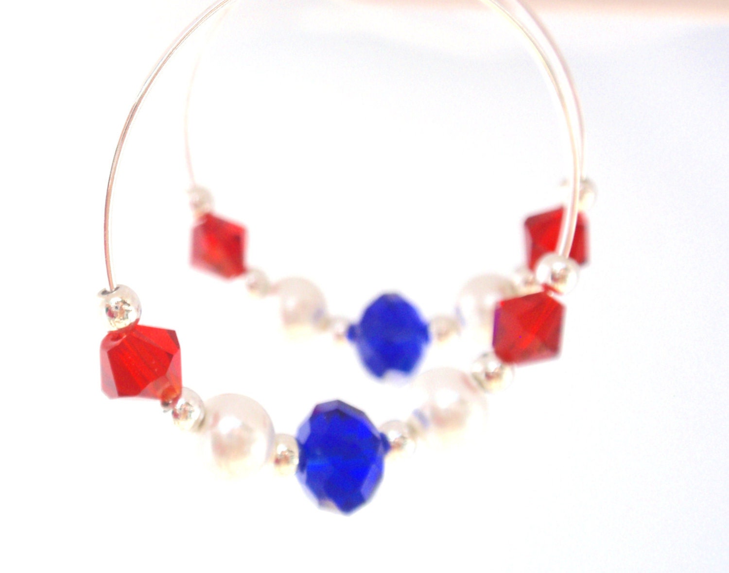 Memorial Day, Patirotic, July 4th,  Red White and Blue Earrings, USA,  Glass Pearl Hoop Earrings