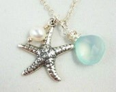 Starfish Necklace, Sterling Silver Necklace, Freshwater Pearl, Aqua Chalcedony, Dainty Simple Necklace
