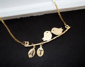 Gold Love Birds Necklace, Personalized Leaves, Hand Stamped Initial, GOLD FILLED CHAIN