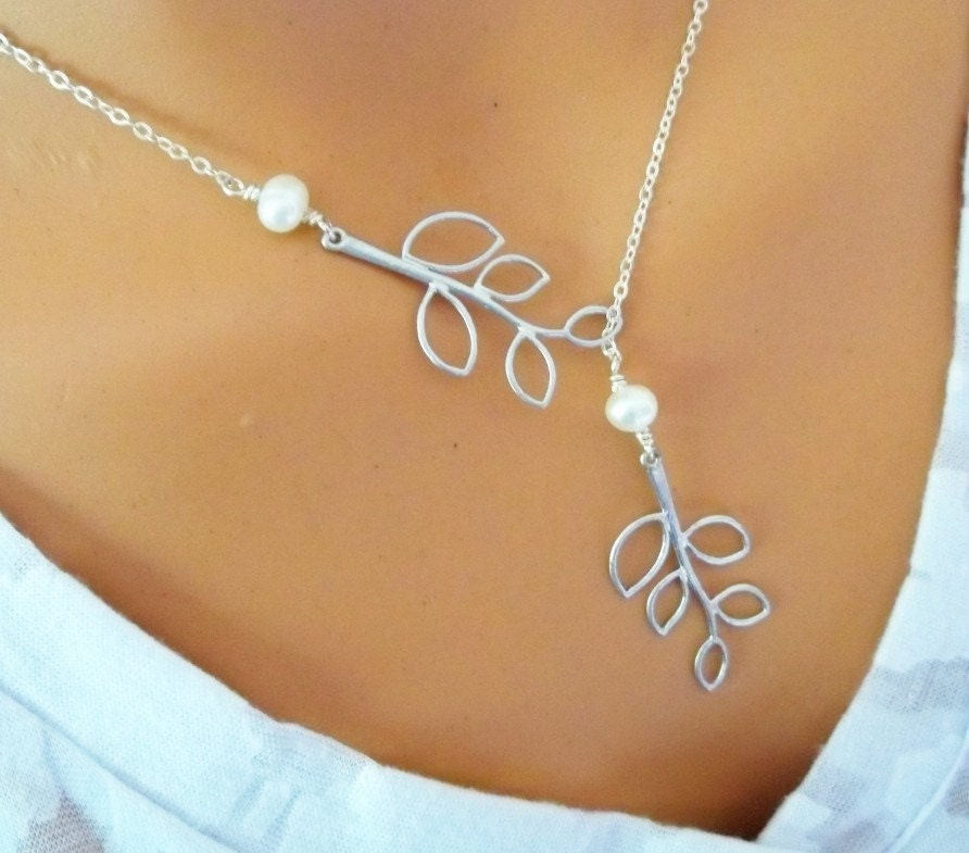 Branch Lariat Necklace - Pearls White Gold Necklace, Wedding, Bride, Bridesmaids Gift, Bridesmaids jewelry