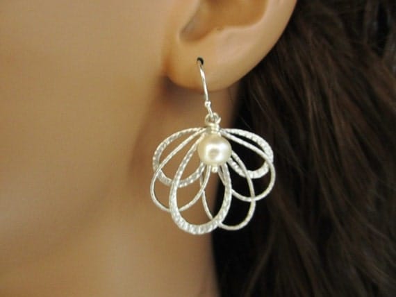 Feather Fan Earrings, Pearl Earrings Wedding Bride Bridesmaid Bridal