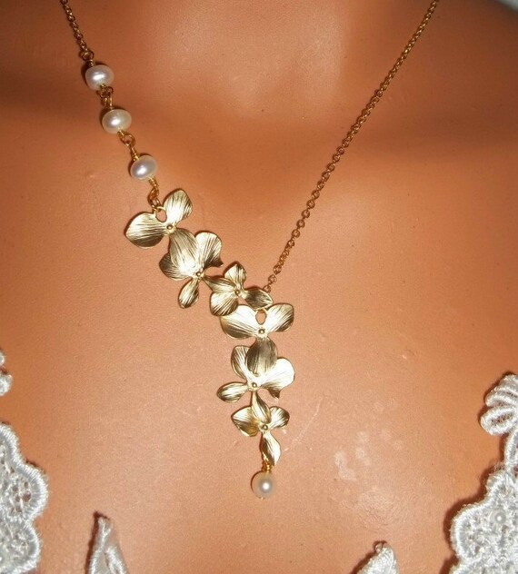 Freshwater Pearls And Gold Orchid Cascade Necklace Wedding, Bride, Bridesmaids Gift