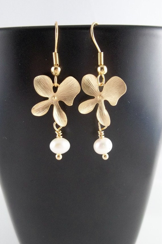 Gold Orchid And Freshwater Pearl Earrings Wedding Bride Bridesmaids Gift Bridal