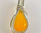 Faceted Orange Sherbert Fire Opal in Sterling Silver Wire-Wrapped Pendant
