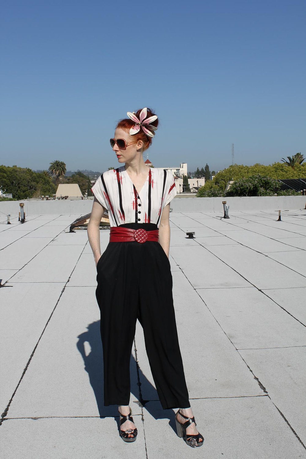 1980s Black White and Red Jumpsuit. Size US 6