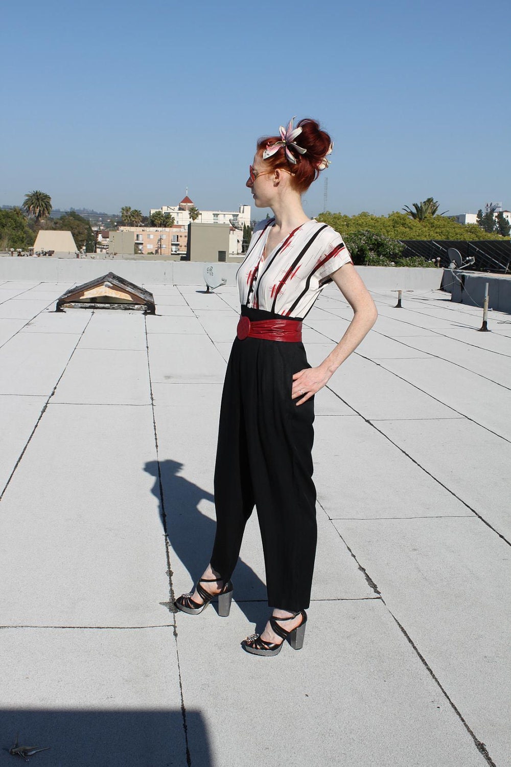 1980s Black White and Red Jumpsuit. Size US 6