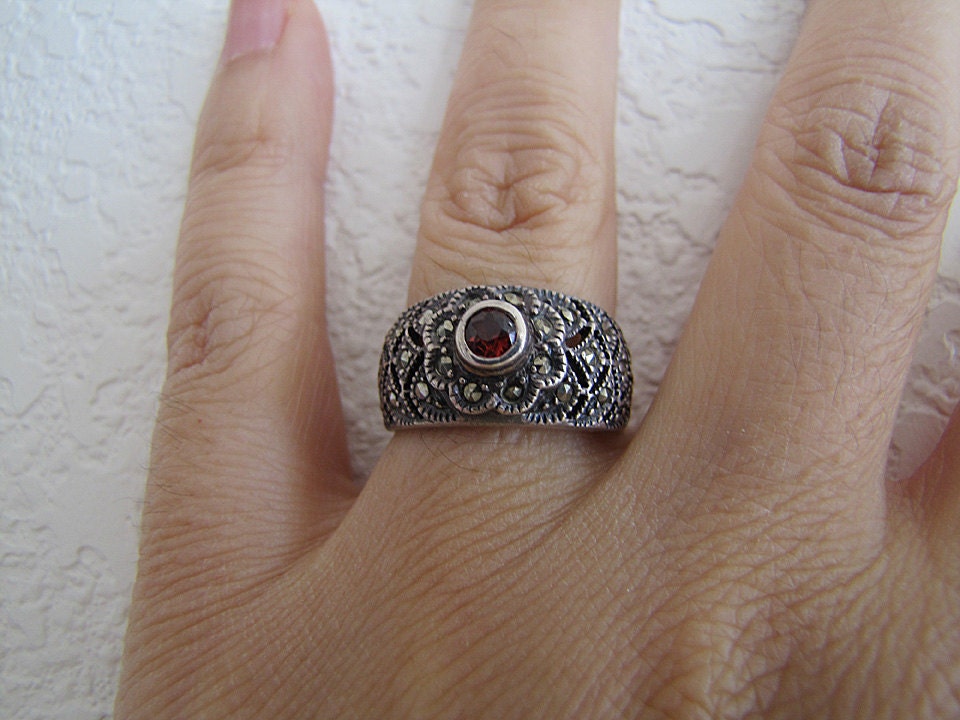 Garnet Marcasite Wide Band Sterling Silver Ring Size 7