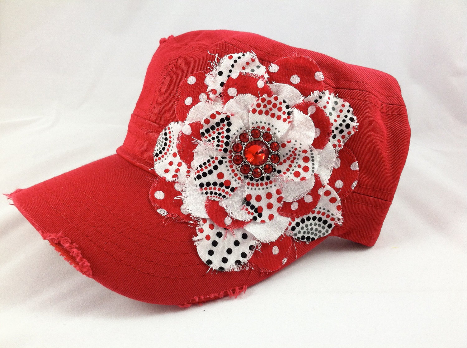 Ladies red adjustable hat with handmade fabric flower