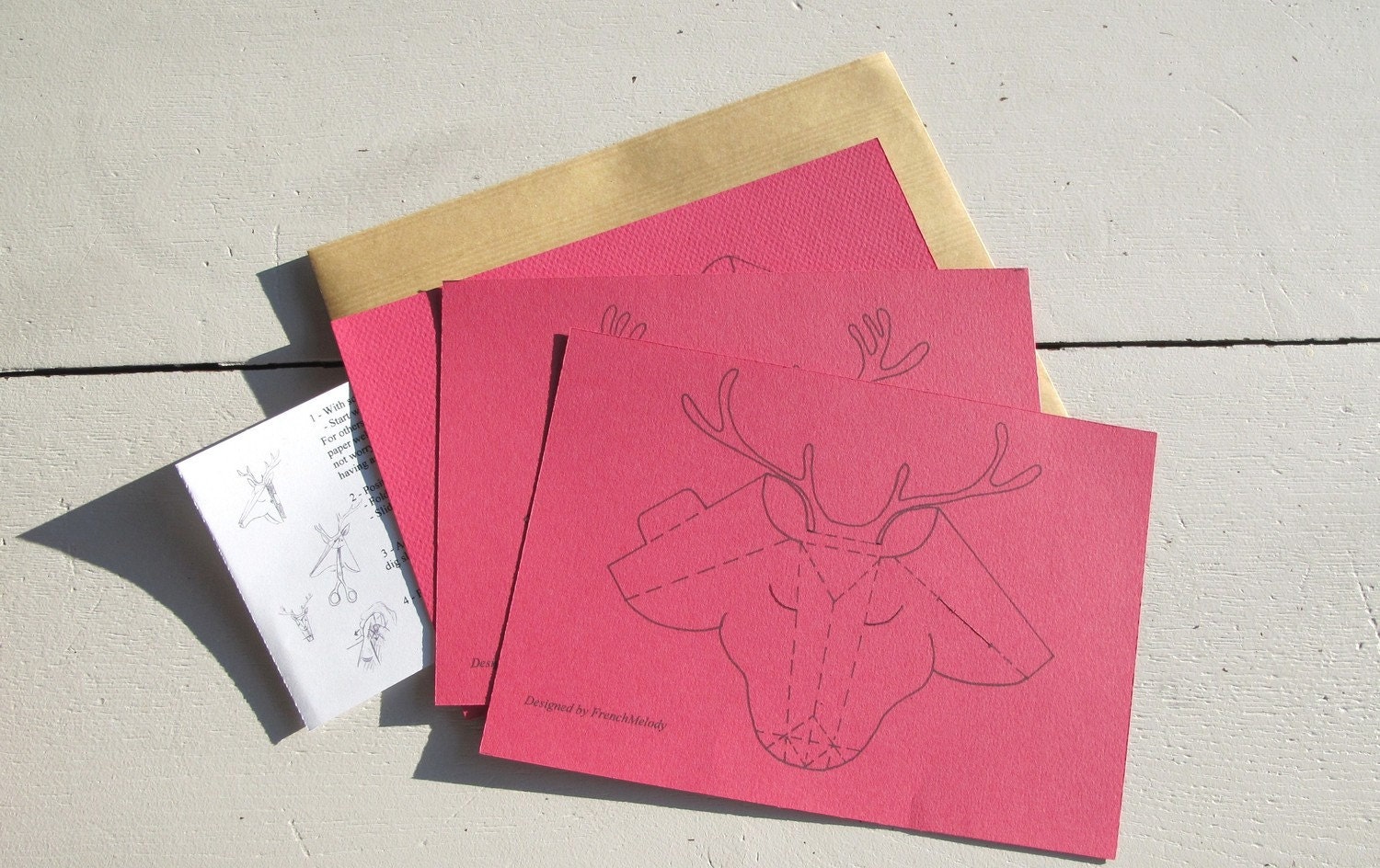 set of 3 faux deer head, faux taxidermy , greeting card,pink