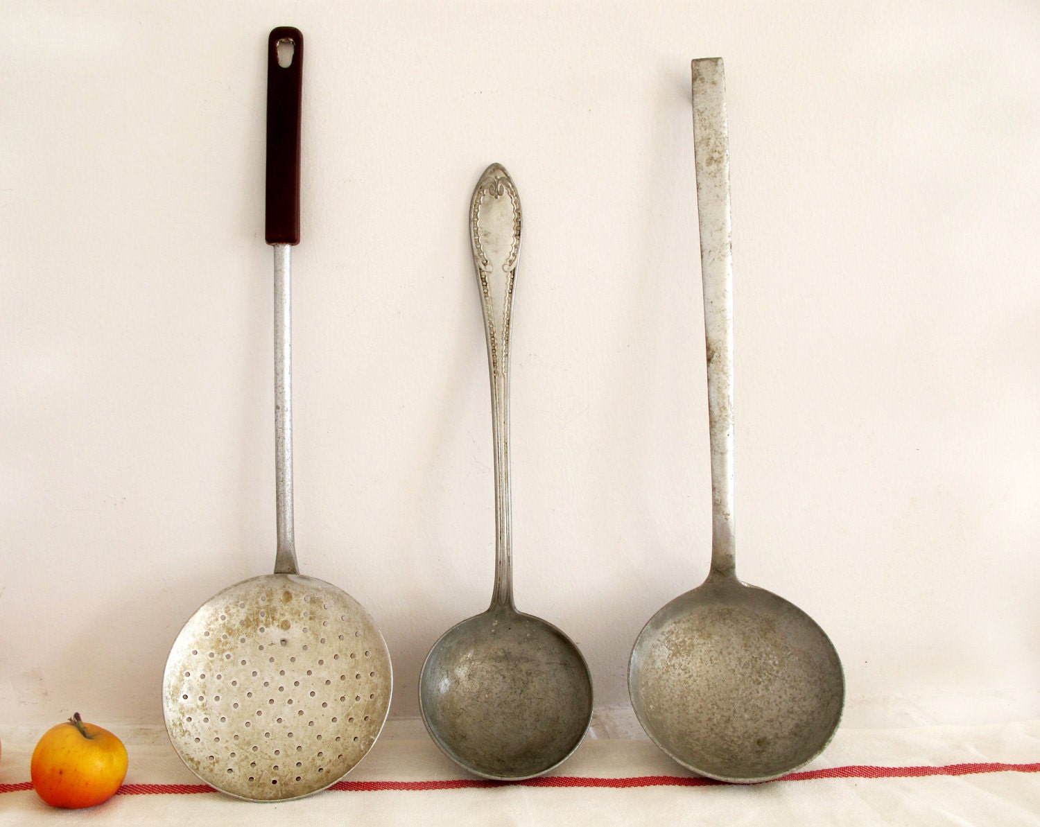 French old patina ladles and skimmer in aluminium