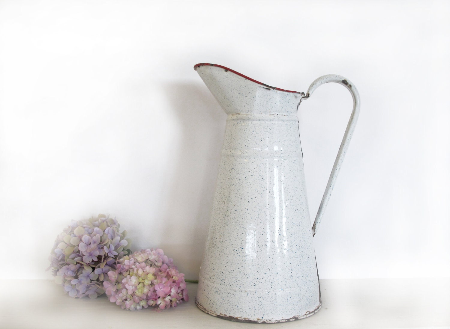 SALE Circa 1920 ,french LARGE enamel jug white and blue sponge, speckled