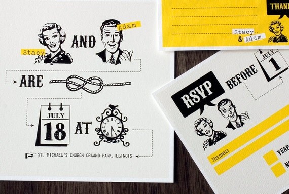 Printable 50s Wedding invitation set with yellow retro design - "Tying the knot"
