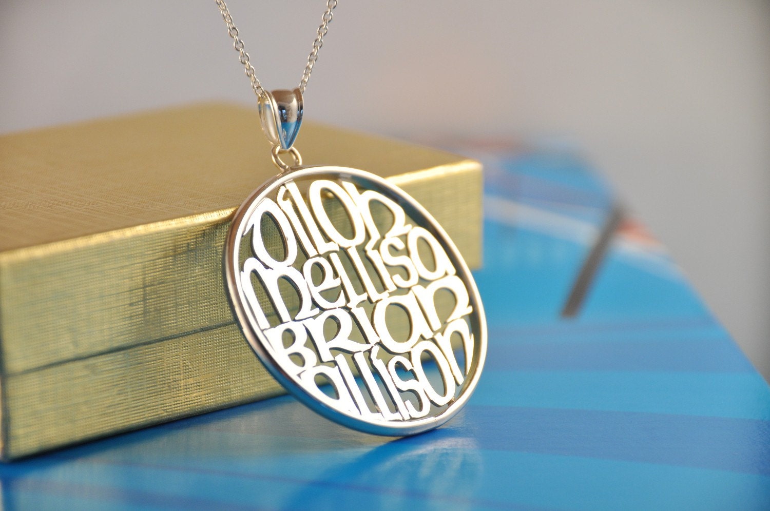 your kids or grandkids names in 1.50" circle in silver. with a cable chain.