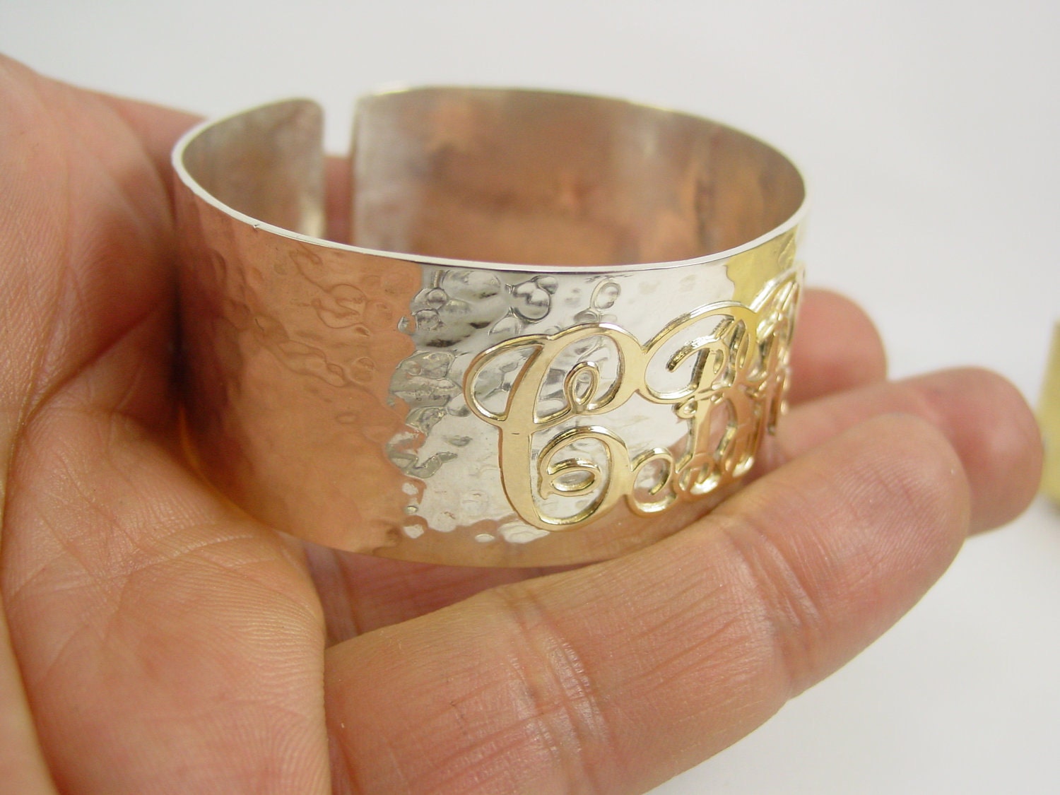 silver hammered  bangle or cuff bracelet with10 k gold initials