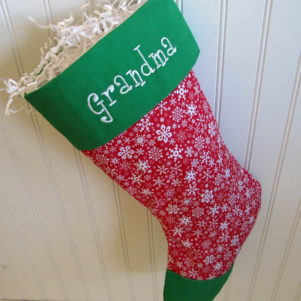 Snow Flake Christmas Stocking - Custom stocking with embroidered monogram - Snowflake stocking with green toe and cuff