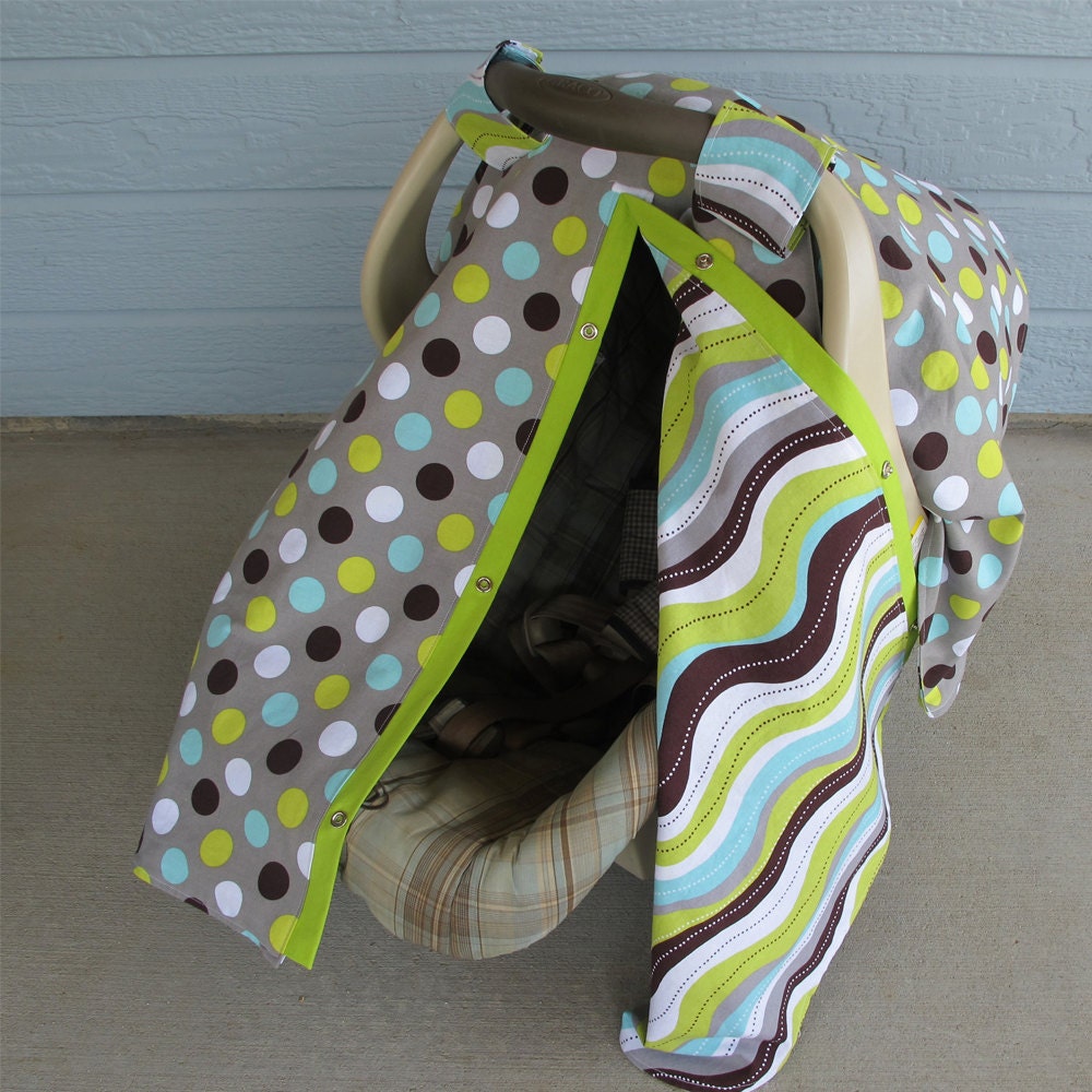 Infant car seat canopy - gray with polka dots green, aqua, white, and brown - 2 in 1 gift - nursing cover