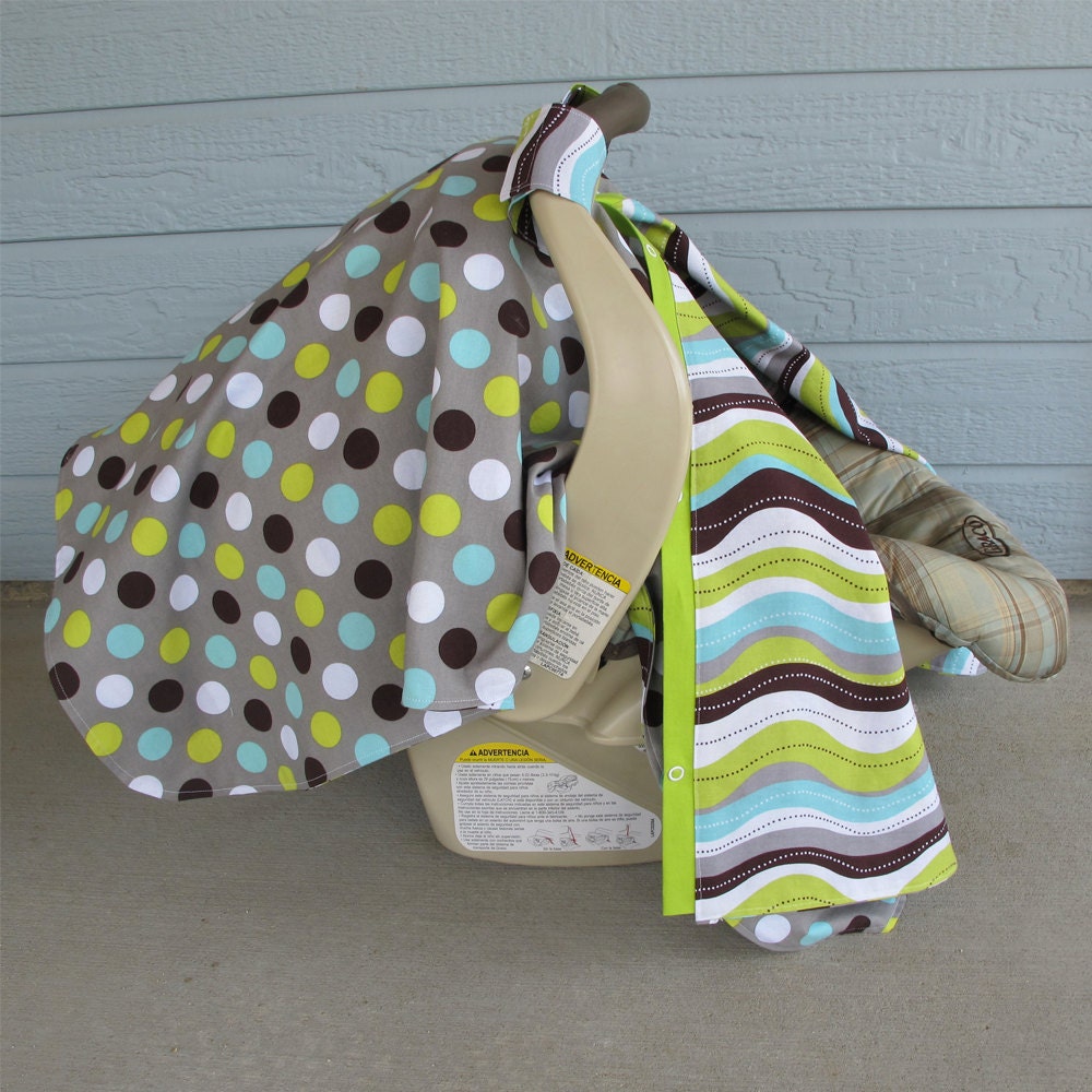 Infant car seat canopy - gray with polka dots green, aqua, white, and brown - 2 in 1 gift - nursing cover