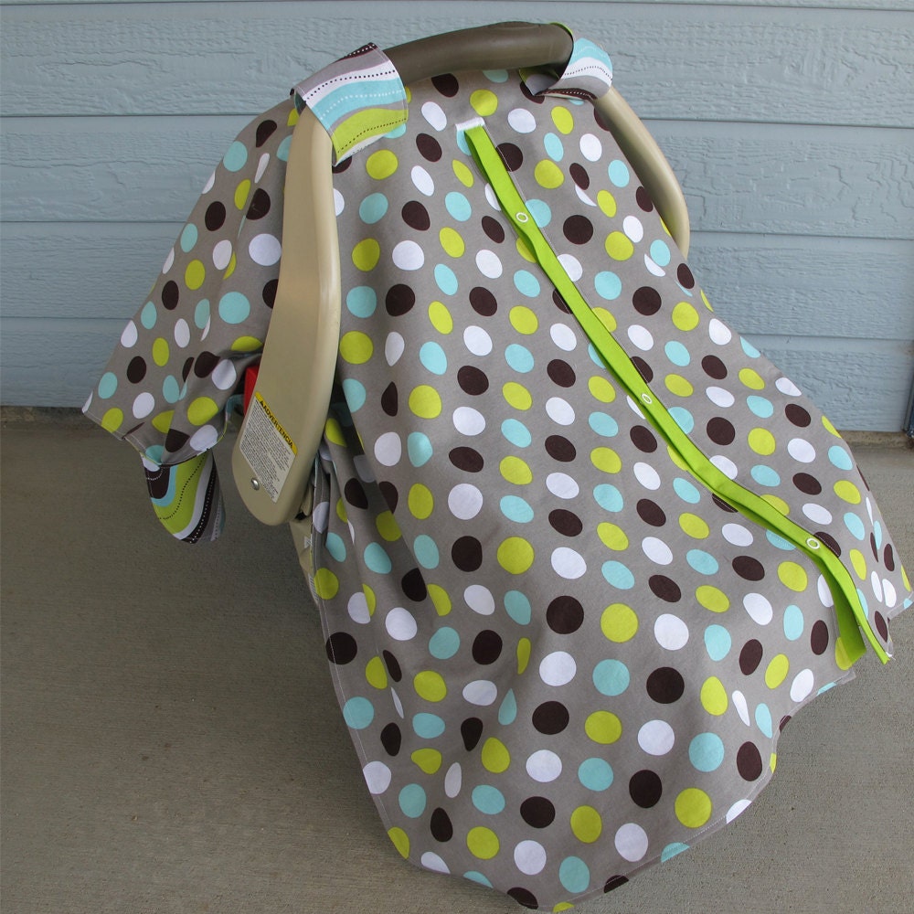 Infant car seat canopy - gray with polka dots green, aqua, white, and brown - 2 in 1 gift - nursing cover