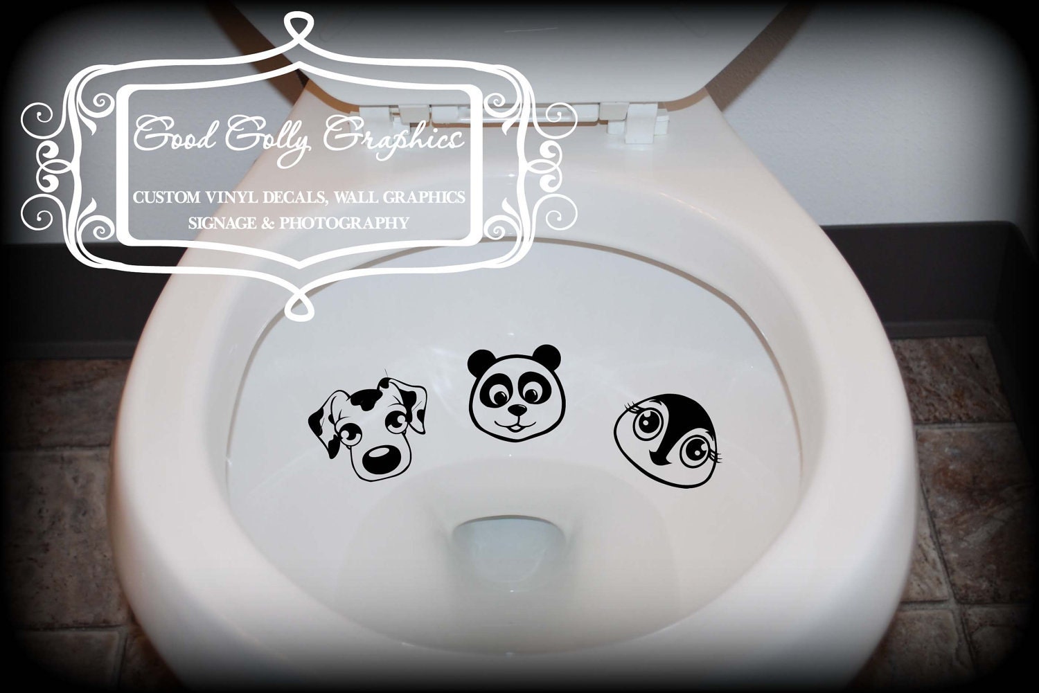 Taking Aim toilet targets ANIMAL 6 piece collection: puppy, panda bear, penguin, owl, monkey, butterfly vinyl decals