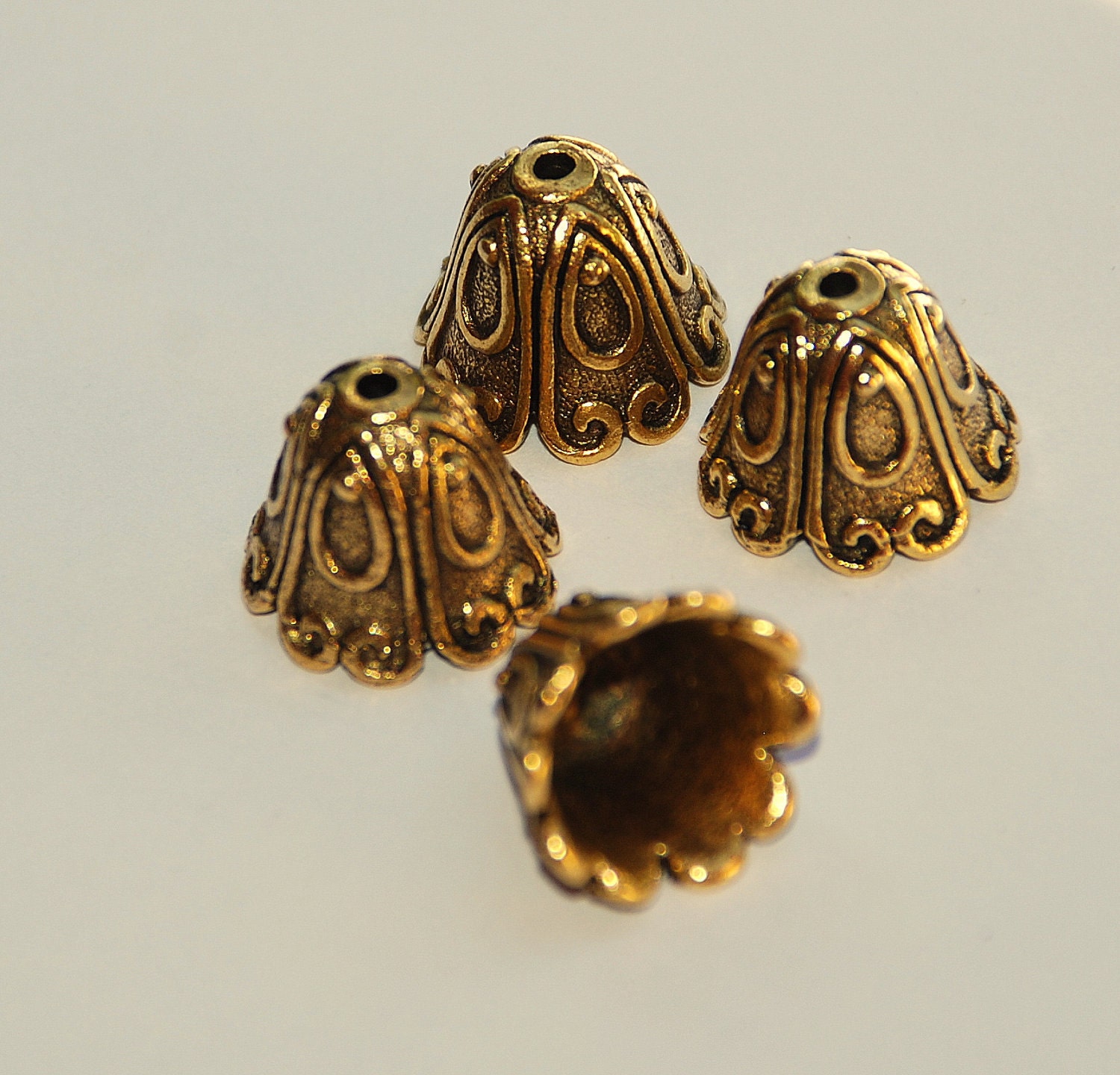 4 Bead Caps, Scroll Pattern 12mm Pewter Antique Gold