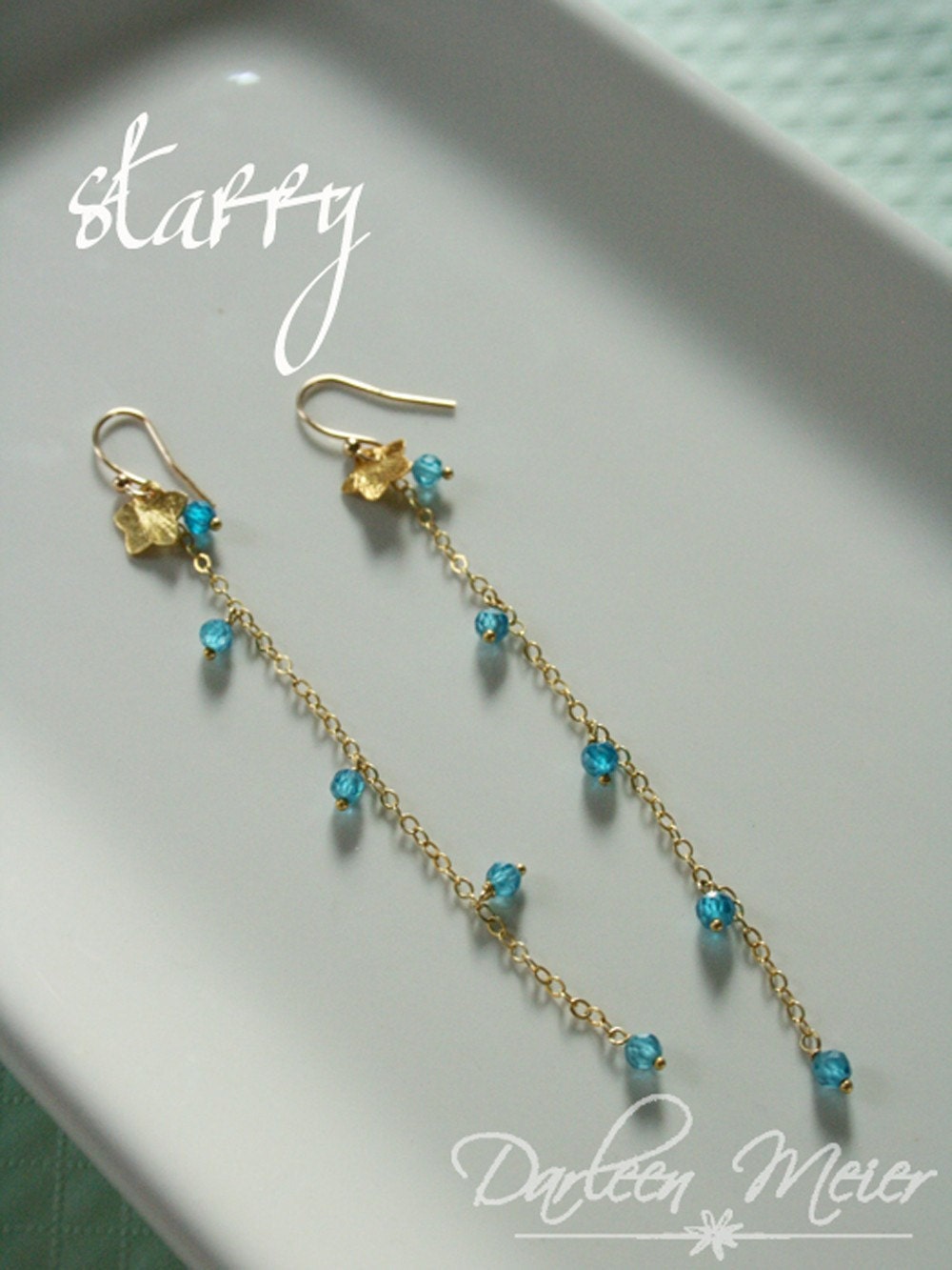 STARRY star blue natural zircon long dangle gold earrings