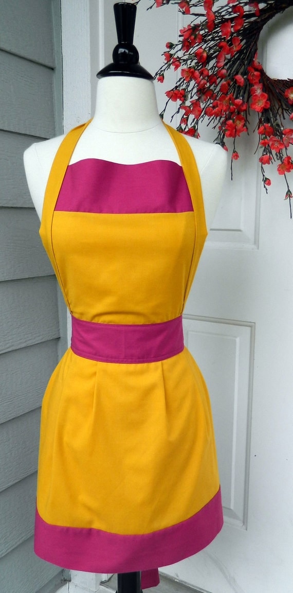 Up-Cycled Women's Apron- Goldenrod & Fuchsia Color Blocks