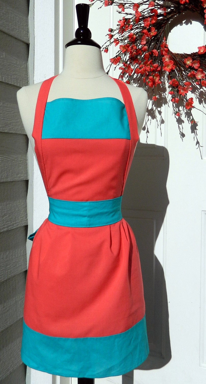 Up-Cycled Women's Apron - Salmon & Turquoise Color Blocks