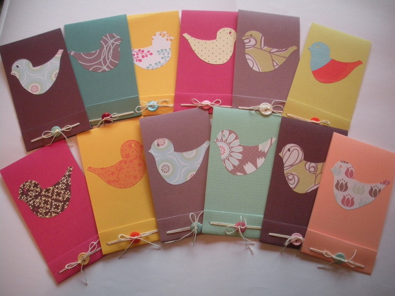 Bird Cards Party Set, 6 Blank Cards, 6 Matchbook Style Notebooks with Buttons, Custom, Made to Order,Party Favor Set