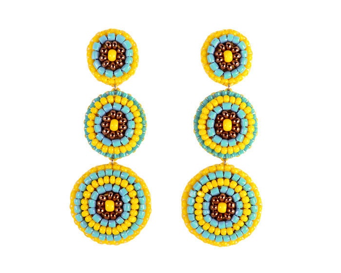 Yellow turquoise statement earrings - neon yellow turquoise blue chandelier earrings - summer cocktail jewelry unique gift