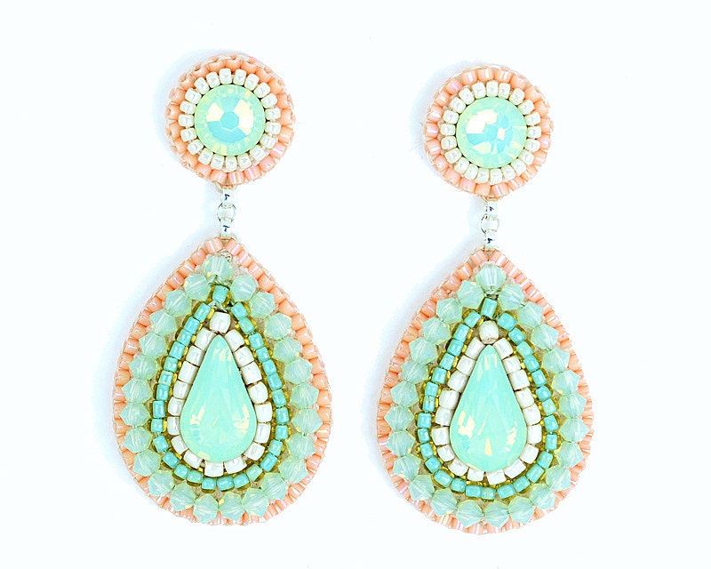 Mint peach earrings - mint green coral pink chandelier earrings - bridal wedding cocktail statement jewelry swarovski crystal unique gift