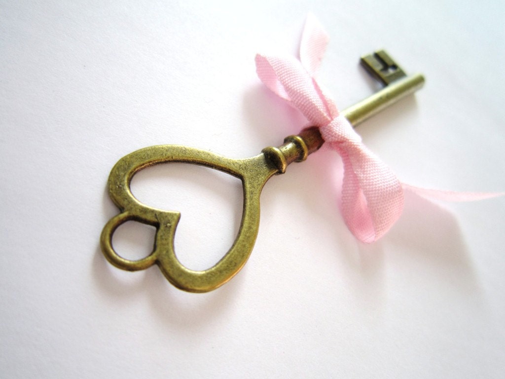Heart Skeleton Key- heart key shabby chic wedding decor wedding favors key to my heart large brass skeleton key with heart pink heart key
