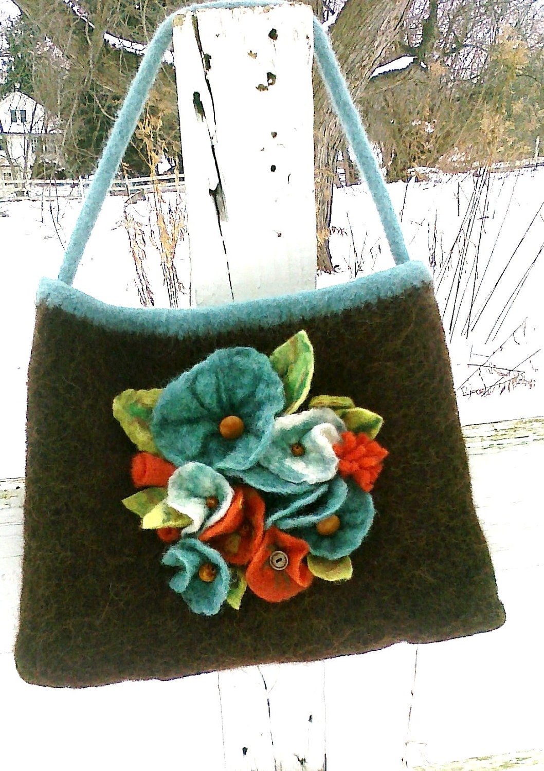 Brown and Teal Handknit Felted Purse.... handmade wet felt flowers with vintage buttons
