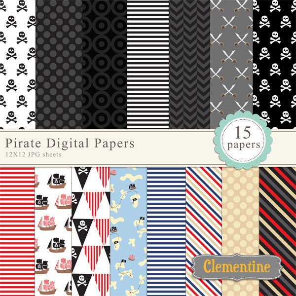 40% OFF SALE -Pirate digital papers, digital scrapbooking paper, royalty free commercial use- Instant Download