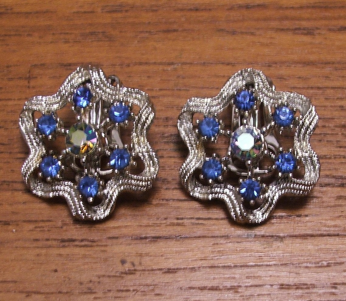 Gorgeous Vintage Blue Rhinestone and Silver Clip Earrings 1960s