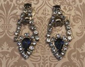 Stunning Vintage Royal and Baby Blue Rhinestone and Silver Clip Earrings 1960s Christmas