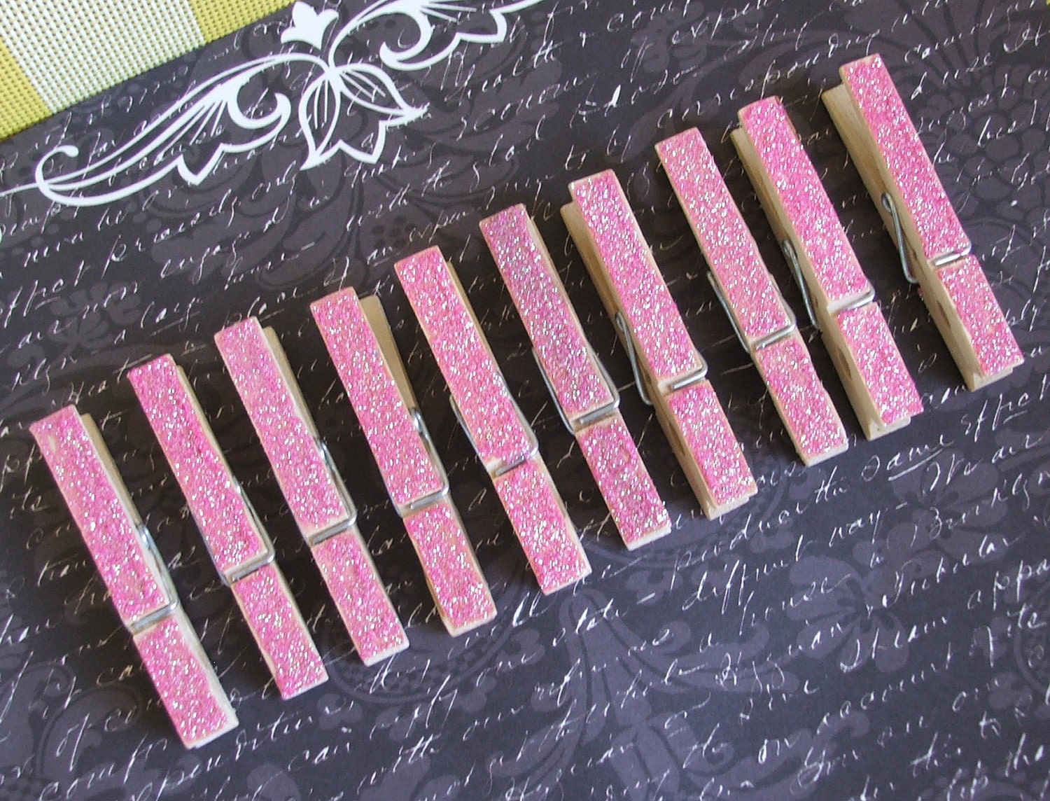 Set of 10 Shabby Chic Bubblegum Pink Glittered Clothes Pins - Rustic, Beach, Chippy Cottage, French Country, Wedding