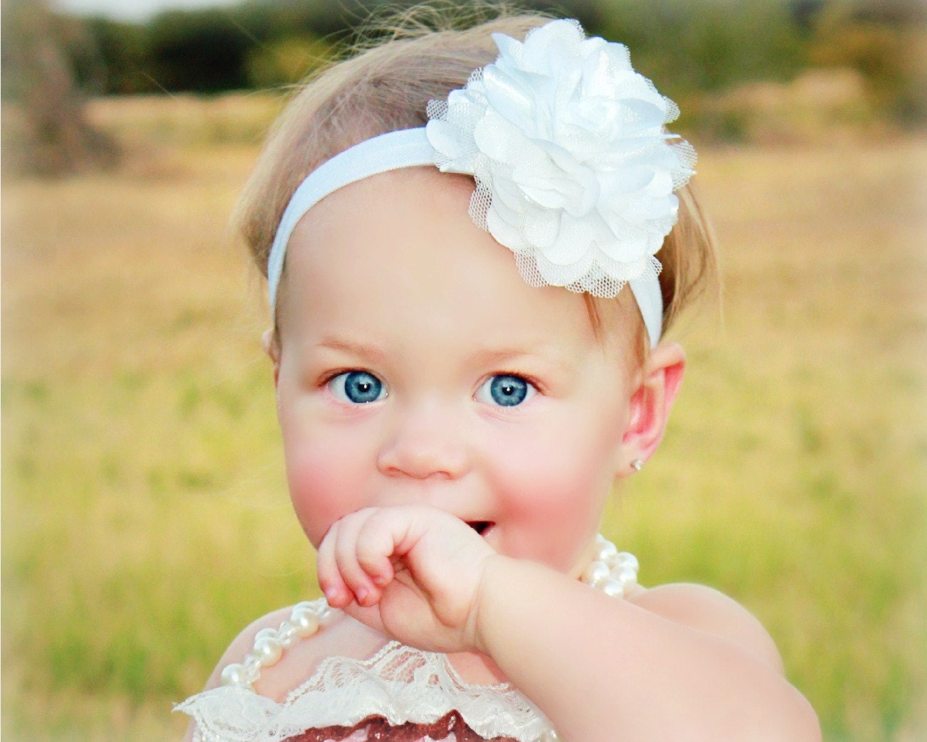 White Flower Headband - Snow White Satin and Tulle Puff Flower Custom Baby Headband or Girls Hair Clip