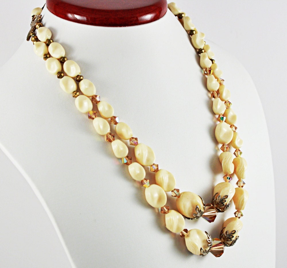 Vintage  Necklace Doublestrand with Large Focal Acrylic Crystal and Ivory Colored Beads No 63