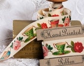 Ribbon - Hand Printed Cotton Ribbon 2m x 25mm /80"x 1" cotton tape. Teacups & Vintage Roses cushion trimming. lampshade trimming. gift wrap.
