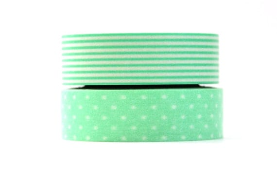 2 Rolls of Mint Green and White Pinstripe & Polka Dot Masking Tape / Japanese Washi Tape