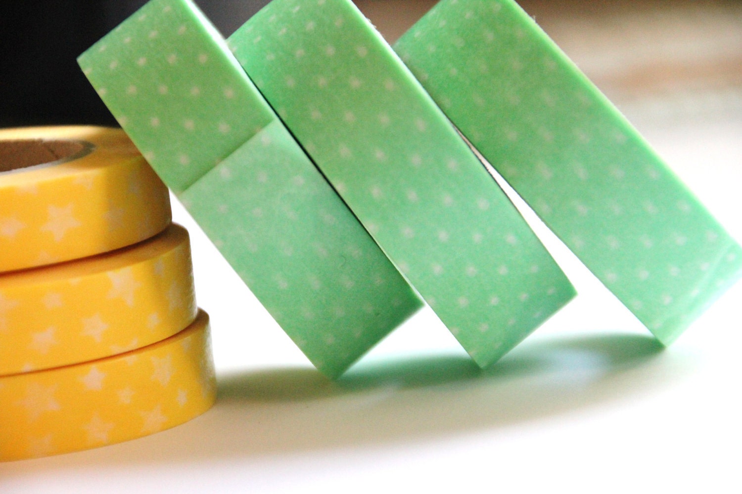 2 Rolls of Mint Green and White Pinstripe & Polka Dot Masking Tape / Japanese Washi Tape