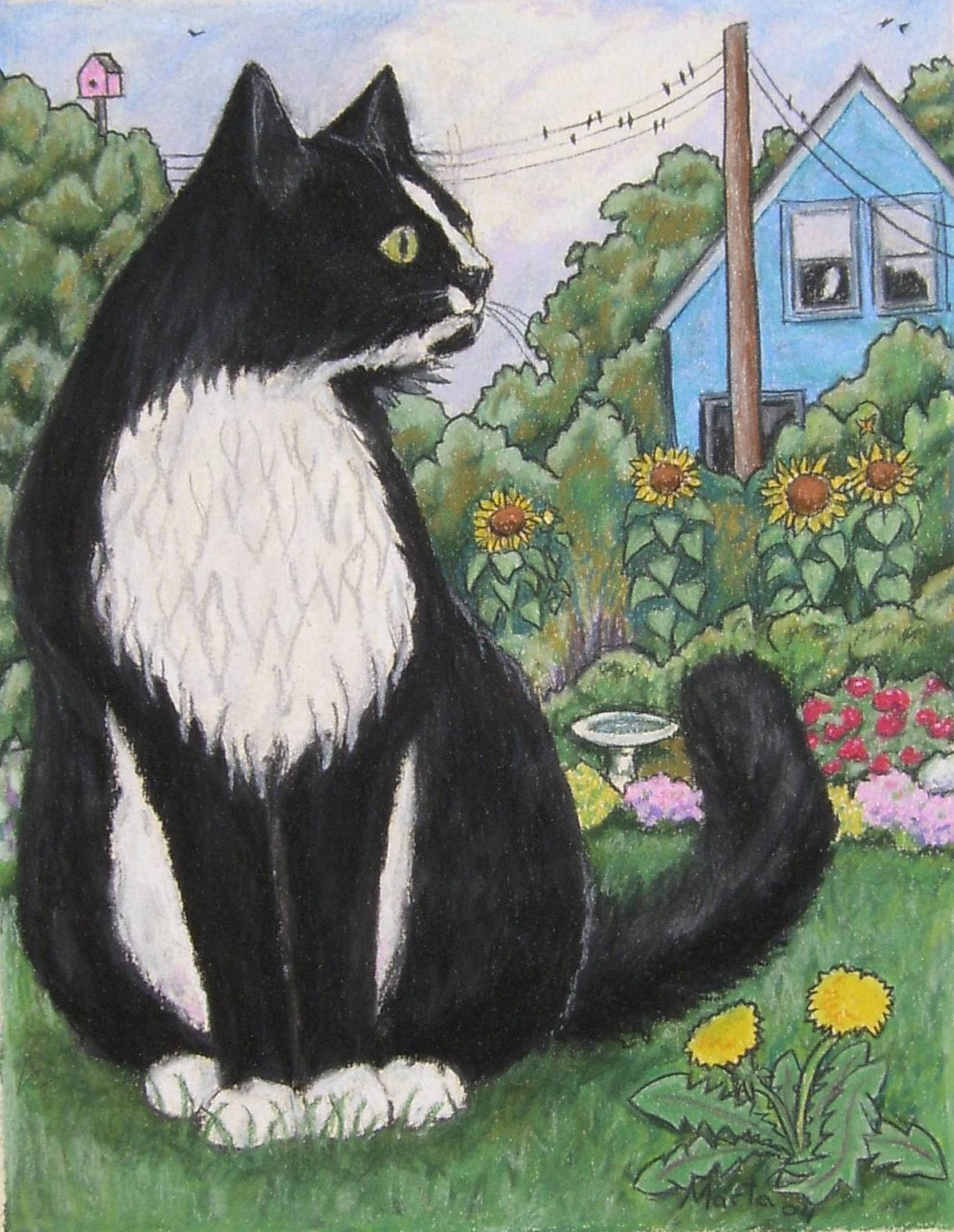 Big Kitty handmade paper blank card cat sitting in a garden