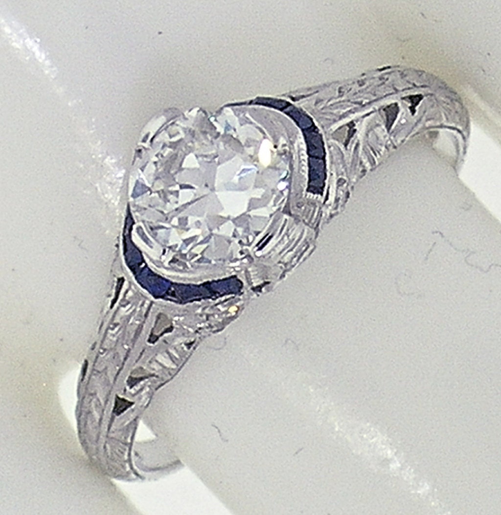 Art Deco Platinum Diamond & Sapphire Engagement Ring .94cts, H color VS2 clarity