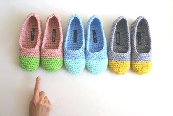 Crochet Slippers for Women in Apple Green and Dusty Pink