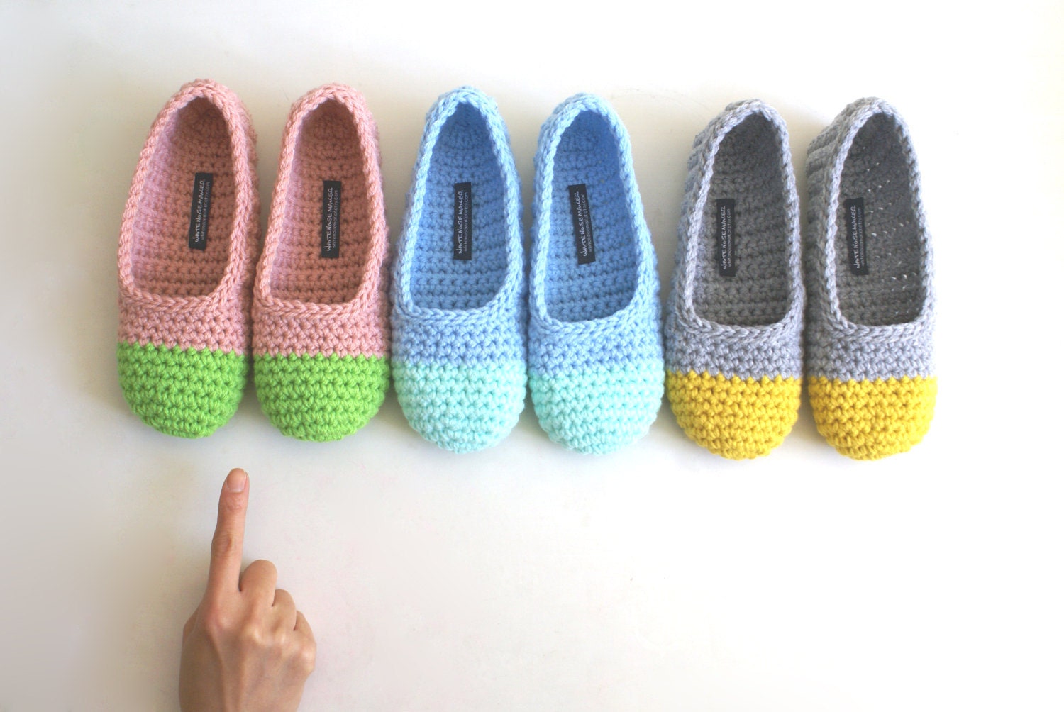 Crochet Slippers for Women in Apple Green and Dusty Pink