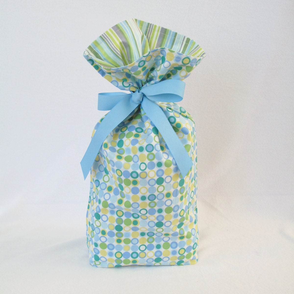 Fabric Gift Bag Medium - Blue Multi-dots with Stripe