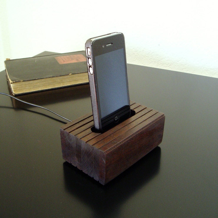 iPhone 4 or 4S Cradle - Handmade - Reclaimed Wood - Black Cable