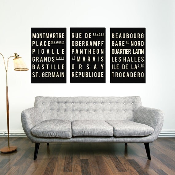 Subway Art - Paris - Typography Print - Modern Art Poster - Set of 3 - 13x19